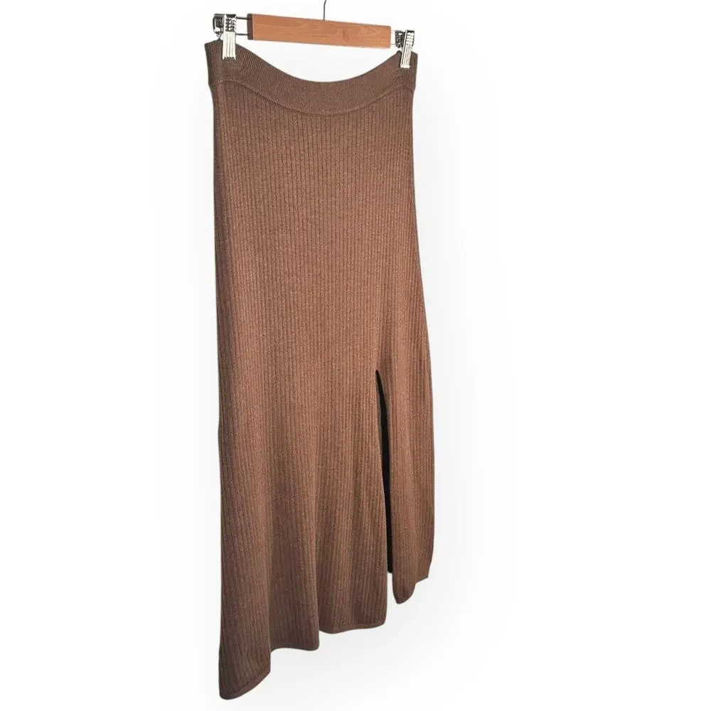FREE PEOPLE Skyline Midi Skirt Ribbed Knit Front Slit Coquette Stretch Brown